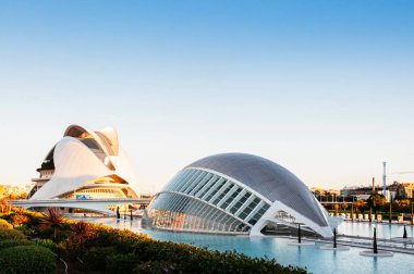 OCT 31, 2012 Valencia, İspanya - Şehrin Modern Sanat ve Bilim Mimarisi mavi gökyüzü altında. Santiago Calatrava ve Felix Candela tarafından tasarlanan mimari