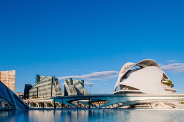 OCT 31, 2012 Valencia, İspanya - Modern Sanat ve Bilim Şehri Mimarisi ve mavi gökyüzü altında mavi havuz. Santiago Calatrava ve Felix Candela tarafından tasarlanan mimari