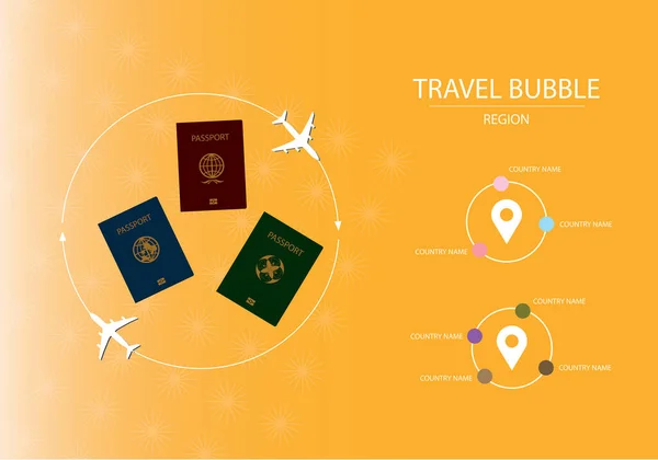 Bubble Cestovní Pasy Letadlo Kruhu Žluté Pozadí Info Grafický Vektor — Stockový vektor