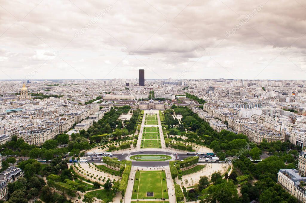 Wild Aerial view of Champ de Mar and Wall of Peace from the Eiffel tower. Paris, France
