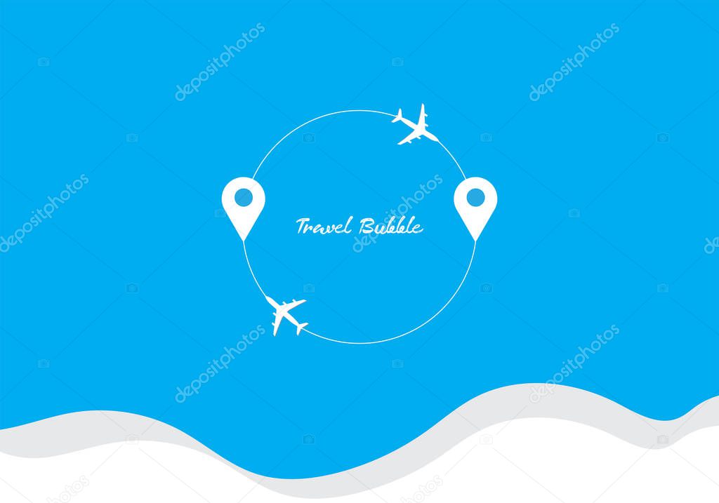 Bubble travel blue background airplanes flying in circle with location pin icon illustration graphic vector