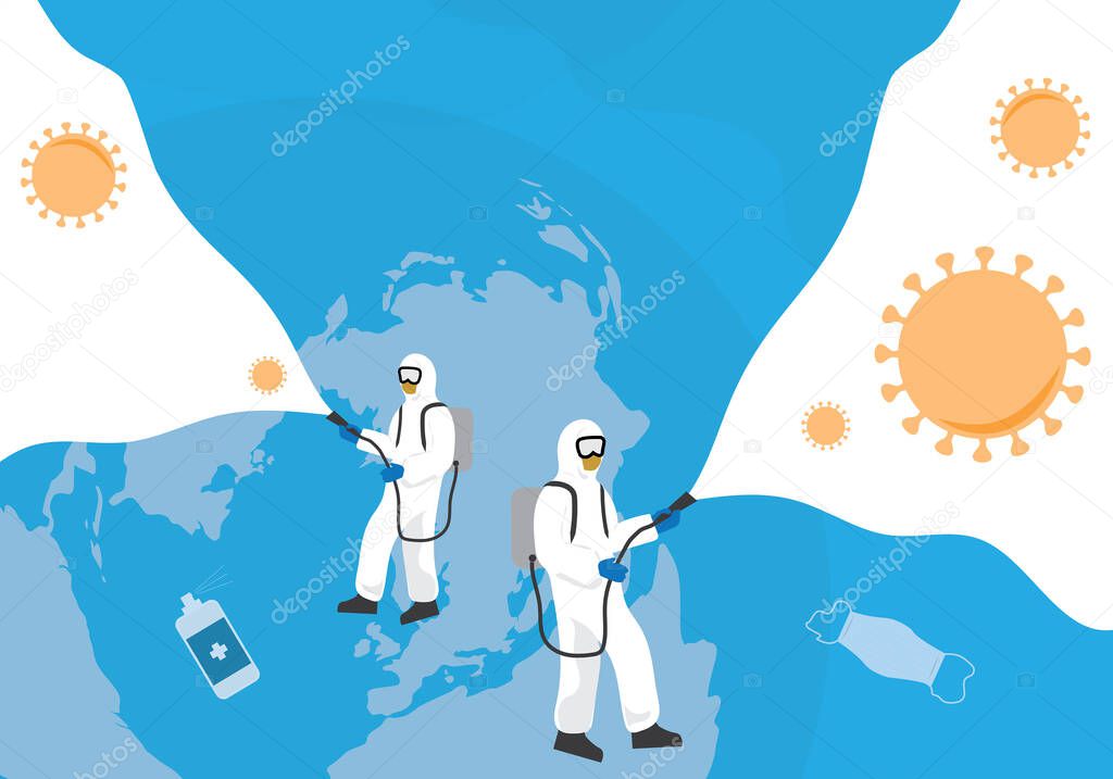 Coronavirus protection. Disinfectant concept. Cleaning and disinfecting.  People in virus protective suits and mask. Illustration vector graphic with space for text.