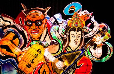 JAN 22, 2014 Aomori, Japonya: Nebuta Warasse Müzesi 'nde, yaz festivali Nebuta Matsuri' nin şamandıraları olan dev ışıklı Nebuta şamandırası