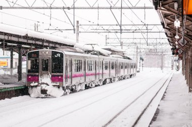 21 Ocak 2014 Hirosaki, Aomori, Japonya: Kışın Hirosaki İstasyonu 'nda Pembe Strip JR Doğu 701 Seri banliyö treni, EMU treni Akita ile Aomori arasında Ou Main Line üzerinde durdu.