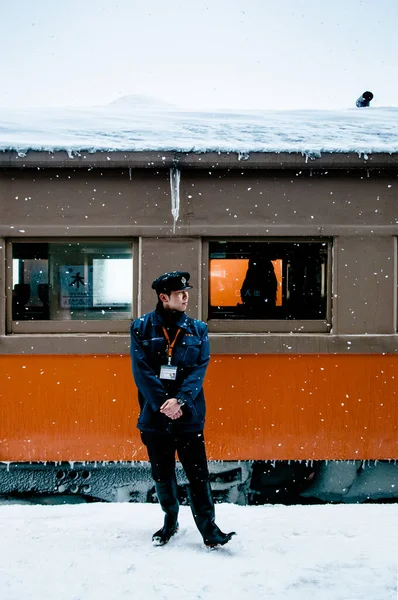 Ene 2014 Aomori Japón Oficial Conductores Trenes Esperando Pasajero Para — Foto de Stock