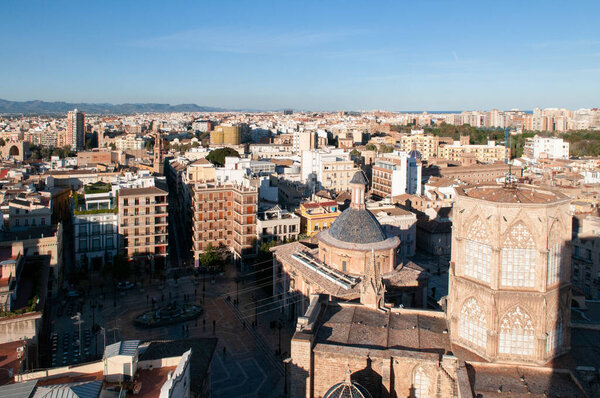 Valencia old town cityscape and Valencia Cathedral aerial view seen from Torre del Micalet. Famous view point in old town area