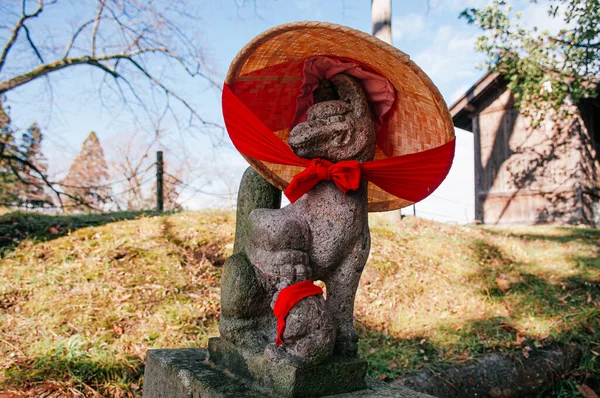 Kitsune Japanese Fox Stone Statue Red Scarft Hat Shrine Aizu — Stock Photo, Image
