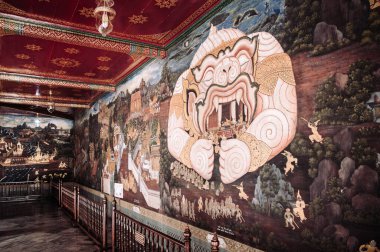 10 Temmuz 2018 Bangkok, Tayland - Bangkok Grand Palace binasının zarif tarihi duvar resmi - Wat Phra Kaew - Emerald Buddha Tapınağı