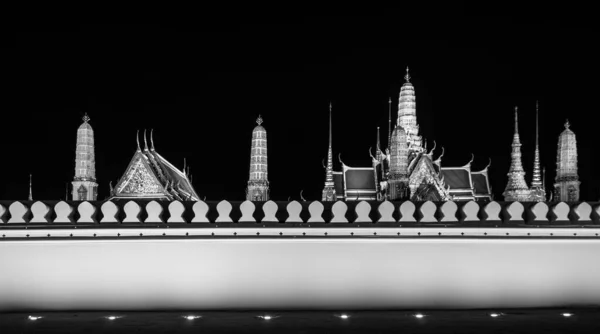 Bangkok Grand Palace Muro Notte Foto Bianco Nero — Foto Stock
