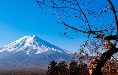 Fuji Dağı kar ve mavi gökyüzü önü ile Chureito Pagoda Arakurayama Sengen Parkı 'ndan Kawaguchigo yakınlarındaki Fujiyoshida
