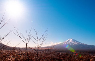 Mount Fuji with snow and blue sky sun flare, colourful autumn tree with Shimoyoshida city seen from Chureito Pagoda Arakurayama Sengen Park in Fujiyoshida near Kawaguchigo clipart