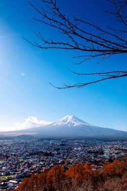 Kawaguchigo yakınlarındaki Fujiyoshida Fujiyoshida 'daki Chureito Pagoda Arakurayama Sengen Parkı' ndan görülen, kar ve mavi gökyüzü renkli sonbahar ağacıyla Fuji Dağı.