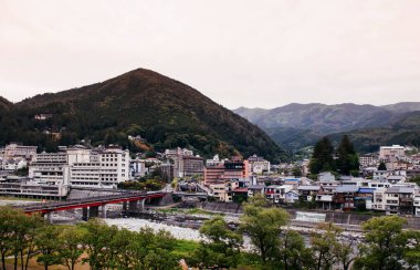 Japonya 'nın Gifu kentinde Gero onsen' in doğal nehir ve yeşil dağı. Sonbahar sezonu.