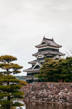 Matsumoto Kalesi Japonya - Kara Karga Kalesi - Nagano, Japonya Yazın bulutlu bir günde çam ağacı ve kanalla