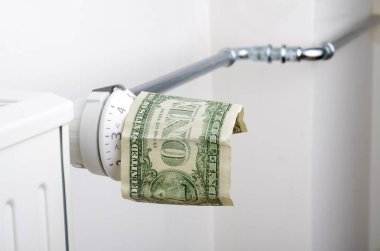 Radyatör ve bir dolar. Pil ısıtma para. Isıtma sezon kavramı.