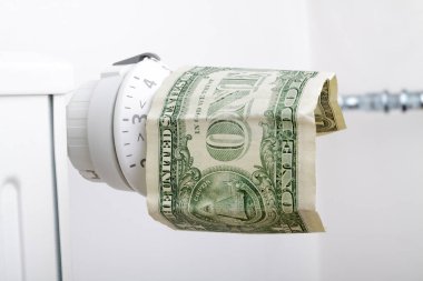 Radyatör ve bir dolar. Pil ısıtma para. Isıtma sezon kavramı.