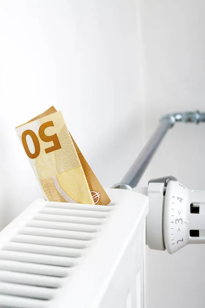 Radiator Vijftig Euro Geld Batterij Verwarming Verwarming Seizoen Concept Slaan — Stockfoto