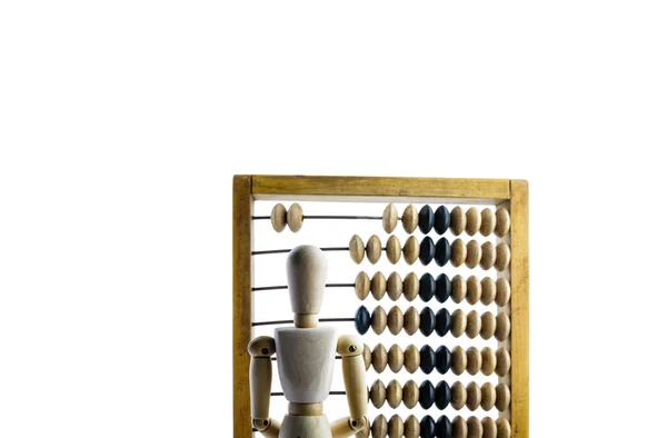 Manequim Madeira Com Calculadora Madeira Sobre Fundo Brilhante Abacus Madeira — Fotografia de Stock