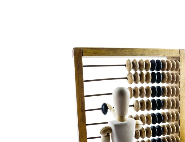 Houten Mannequin Met Houten Calculator Lichte Achtergrond Houten Abacus — Stockfoto