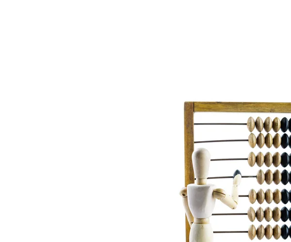 Деревянный Манекен Деревянным Калькулятором Ярком Фоне Деревянные Абаки — стоковое фото