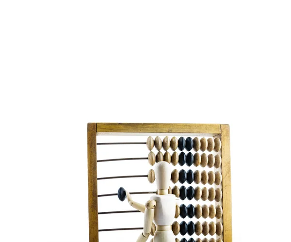 Manequim Madeira Com Calculadora Madeira Sobre Fundo Brilhante Abacus Madeira — Fotografia de Stock