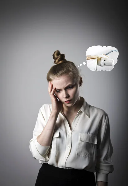 Sad Young Woman White Heating Season Heating Season Taxes Saving — Stock Photo, Image