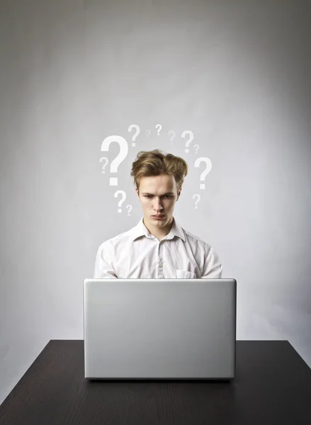 Young Man Using Laptop Browse Net Questions Troubles Concept — Stock Photo, Image