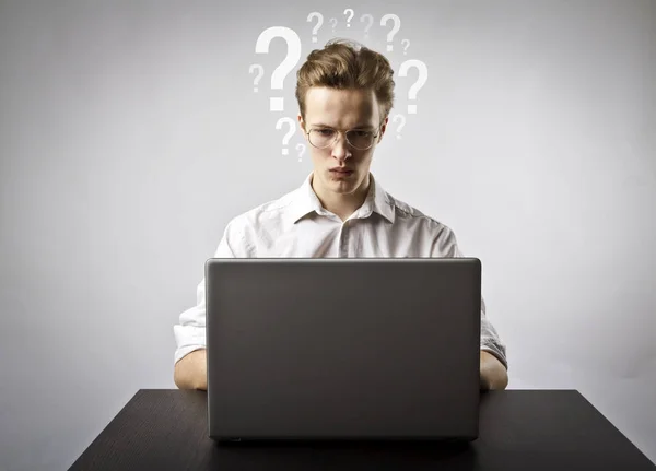 Young Man Using Laptop Browse Net Questions Troubles Concept — Stock Photo, Image