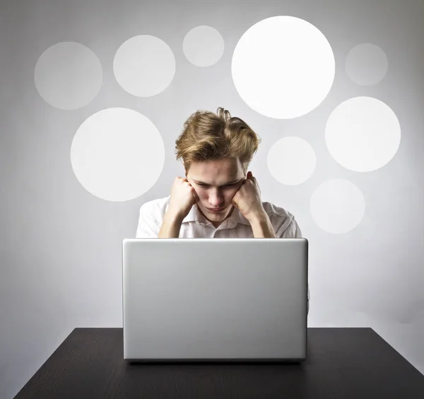 Young Man Using Laptop Browse Net Man White Gray Bubbles — Stock Photo, Image