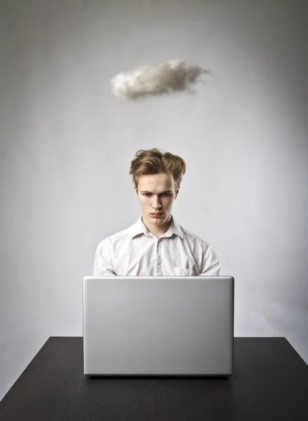 Young Man White Laptop Small Cloud Imagination Virtual Cloud Concept — Stock Photo, Image