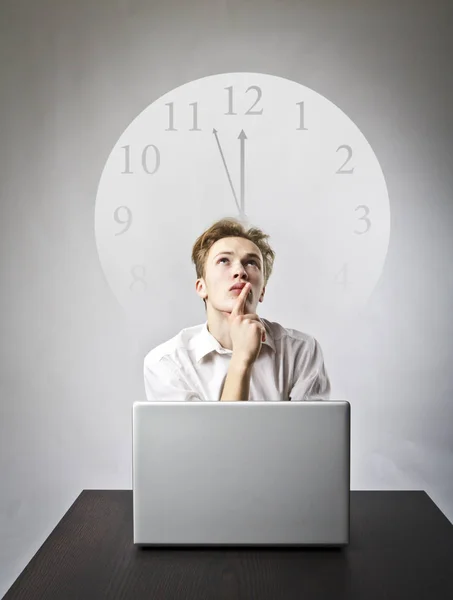 Young Man Using Laptop Browse Net Man White Clock Three — Stock Photo, Image