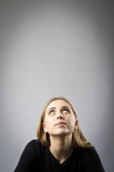 Young Woman Black Full Doubts Hesitation Girl Solving Problem — Stock Photo, Image