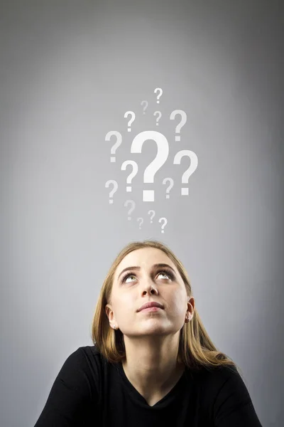 Young Woman Black Full Doubts Hesitation Girl Solving Problem Questions — Stock Photo, Image