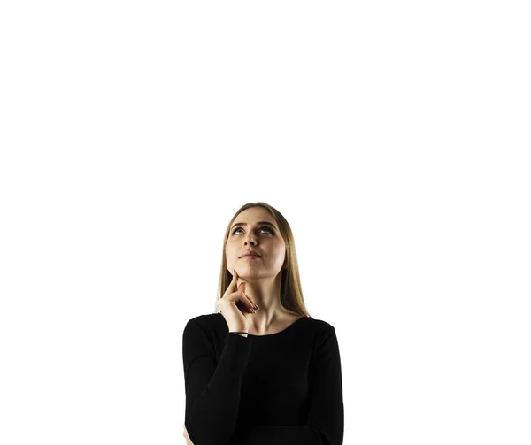 Junge Frau in schwarz auf weißem Hintergrund. — Stockfoto