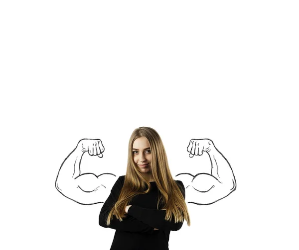 Mujer joven en negro sobre fondo blanco. Concepto de mujer fuerte . —  Fotos de Stock