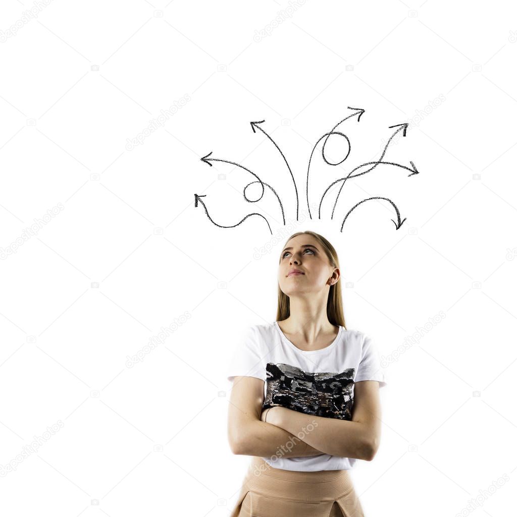 Frustrated young woman in thoughts. Arrows over her head.