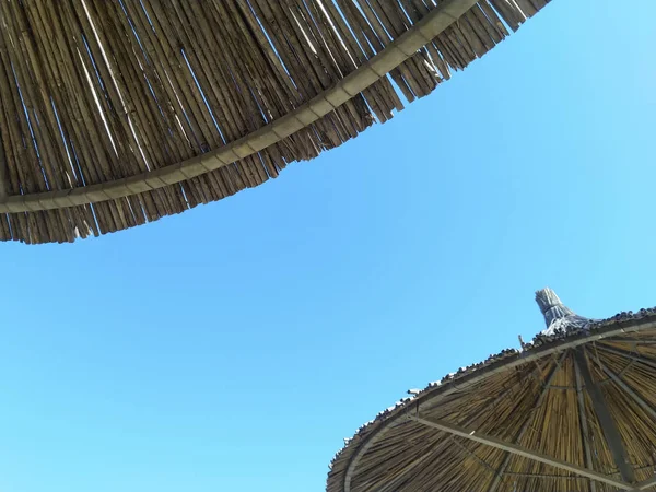 Parapluies en paille contre un ciel bleu. Parasols . — Photo