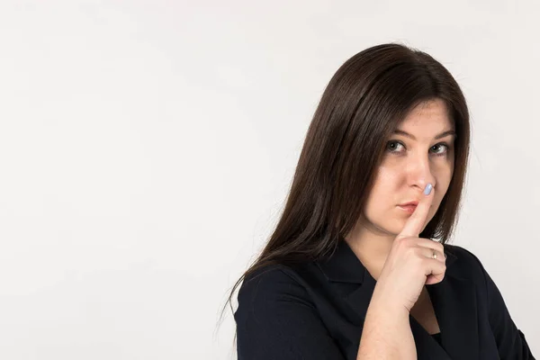 Woman Bright Background Showing Sign Silence Shut Your Mouth Finger — Stock Photo, Image