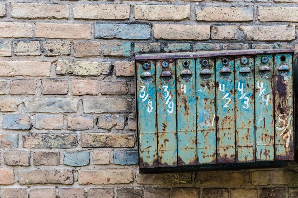 Old Soviet Style Mailboxes Old Metal Numbered Mailboxes Brick Wall — Stock Photo, Image