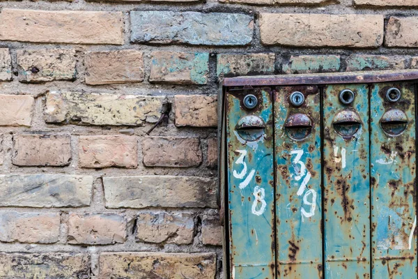 Old Soviet Style Mailboxes Old Metal Numbered Mailboxes Brick Wall — Stock Photo, Image