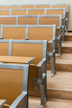 Konferans odasında sıralar dolusu boş sandalye var. Konferans salonu. Tahta sandalyeler..