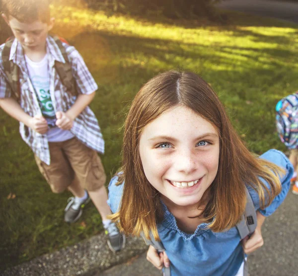 Happy Schoolgirl Waiting Morning Bus — Stock Photo, Image