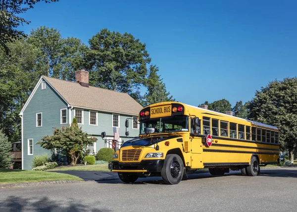 Generic American schoolbus in a suburb