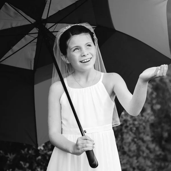 Young Girl Communion Dress Umbrella — Stock Photo, Image