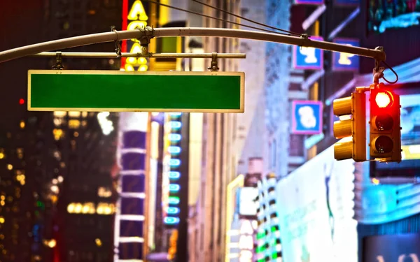 Blank Sign Red Stop Light Broadway New York City Night — Stock Photo, Image