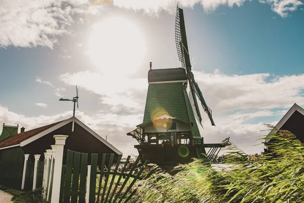 Windmill in Zaanstad village Royaltyfria Stockbilder