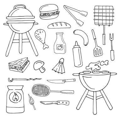 El çizilmiş anahat bir piknik için ayarlayın. Çizilmiş doğrusal tasarım öğeleri. Beyaz arka plan üzerinde izole.