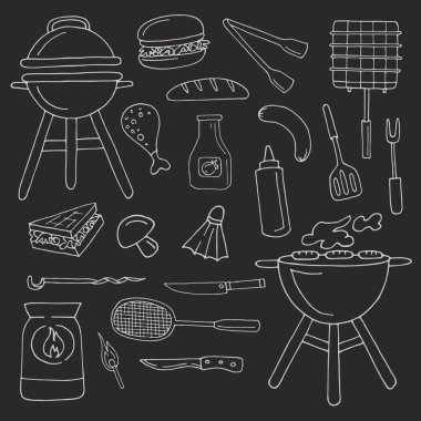   Hat sanat vektör doodle karikatür piknik sembolleri olarak ayarlayın. Çizilmiş doğrusal tasarım öğeleri. Siyah arka plan üzerine izole. Beyaz anahat.