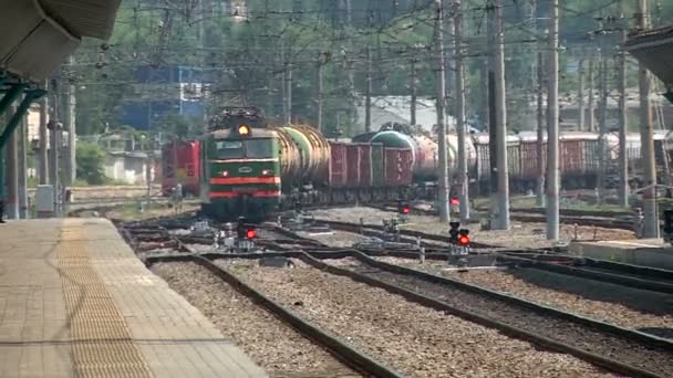 Un treno merci corre lungo il binario della stazione — Video Stock