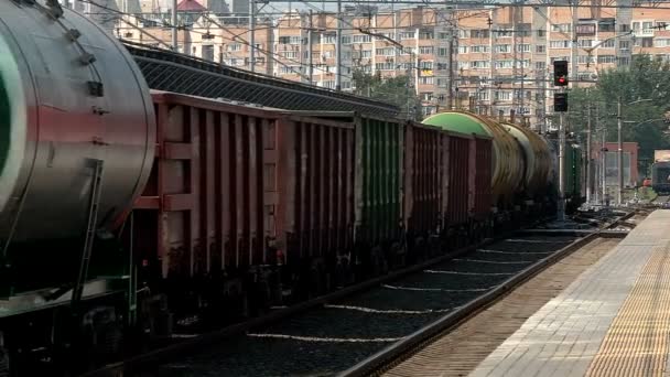 Um trem de carga corre ao longo da plataforma da estação — Vídeo de Stock